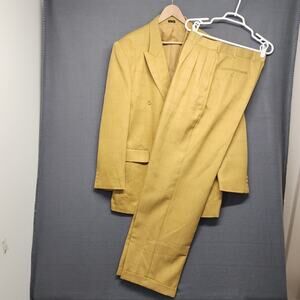 Mens Yellow Suit 42L 33W Windowpane Double Breasted Pleated Cuffed Gianni Vironi